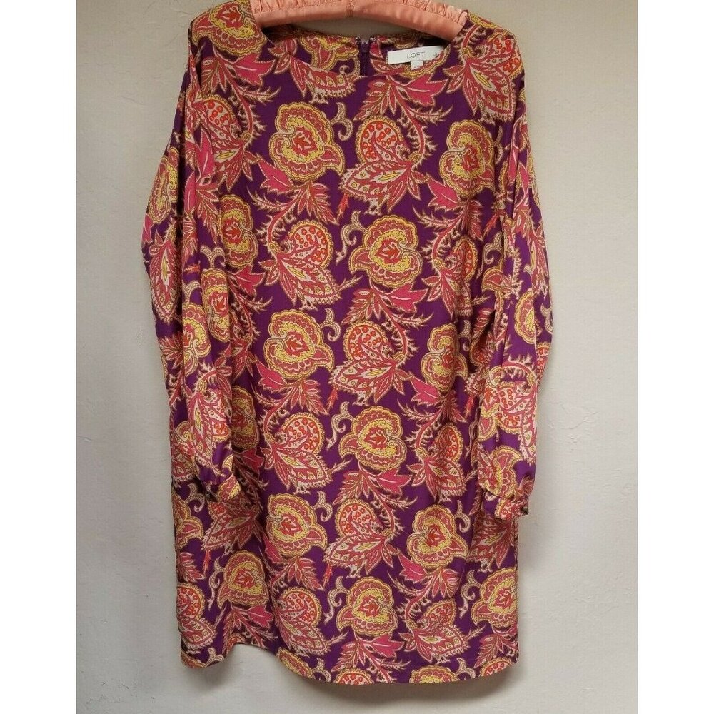 Ann Taylor LOFT Womens Paisley Shift Dress Long Sleeve Size Large Orange Purple